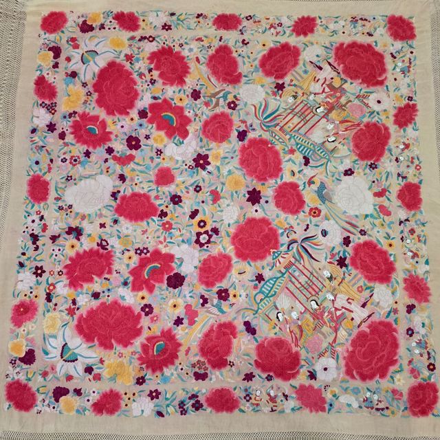 Manton de Manila antiguo cantones rosa