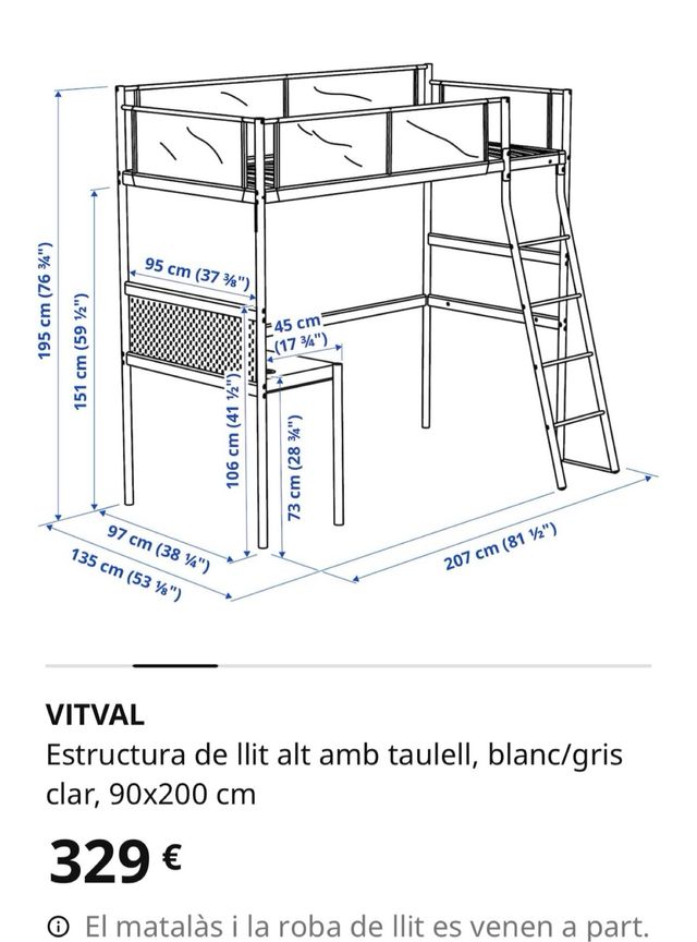 Cama alta Ikea de 90x 200 como nueva.