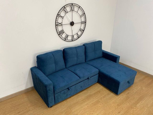 Sofá Cama Pau Azul Veludo - Novo na Caixa