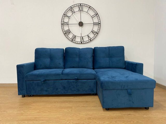 Sofá Cama Pau Azul Veludo - Novo na Caixa
