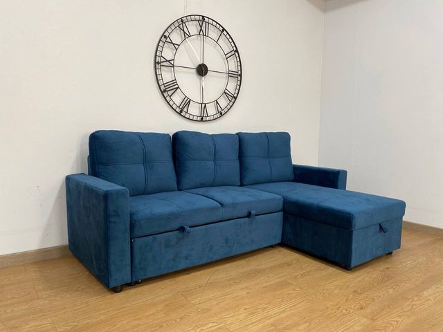 Sofá Cama Pau Azul Veludo - Novo na Caixa