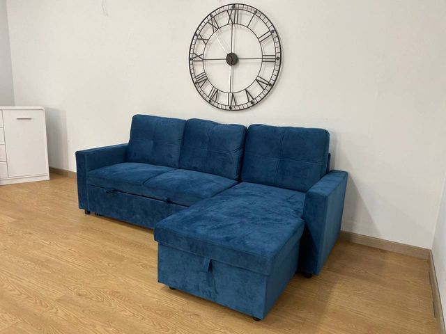 Sofá Cama Pau Azul Veludo - Novo na Caixa