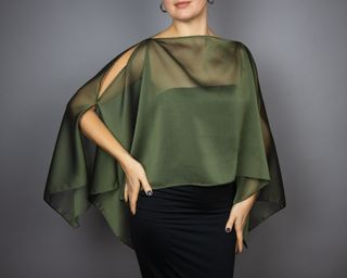 Chal capa, capelet bolero de chiffon verde oliva
