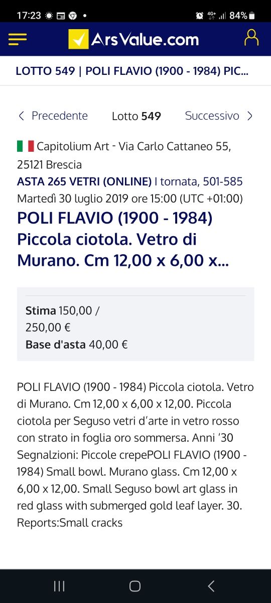 Flavio Poli 1930, Ciotola vetro Murano