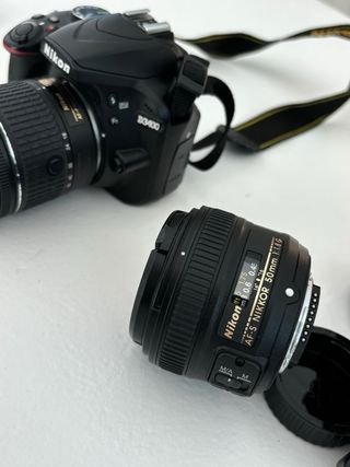 Pack cámara fotos Nikon, objetivo 50mm, flash