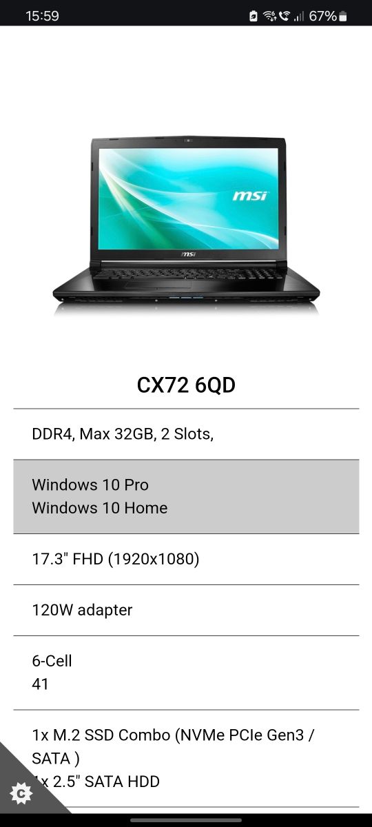 Computer portatile MSI CX72 6QD