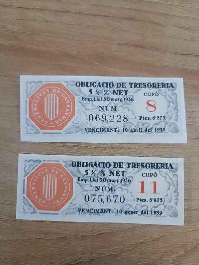 2 Billetes 1936 obligación tesorería Cataluña