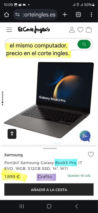 Portatil Samsumg Galaxy Book3 Pro