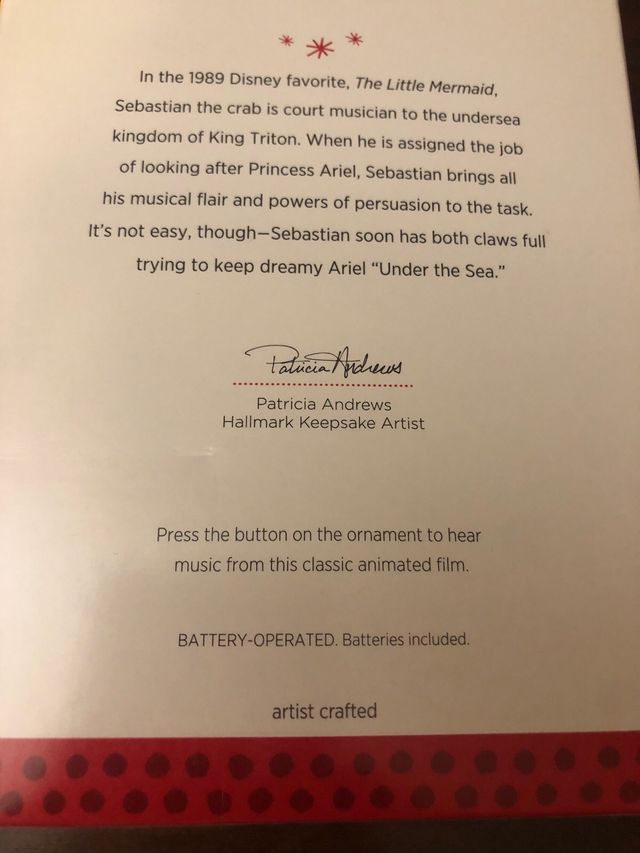 Sebastian Disney little mermaid ornament hallmark