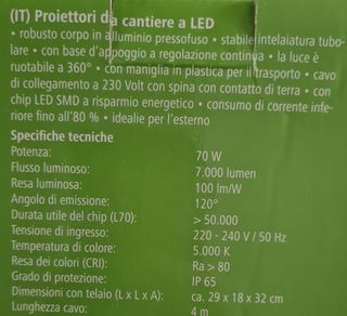 Proiettore cantiere professionale 70W 7000 Lumen