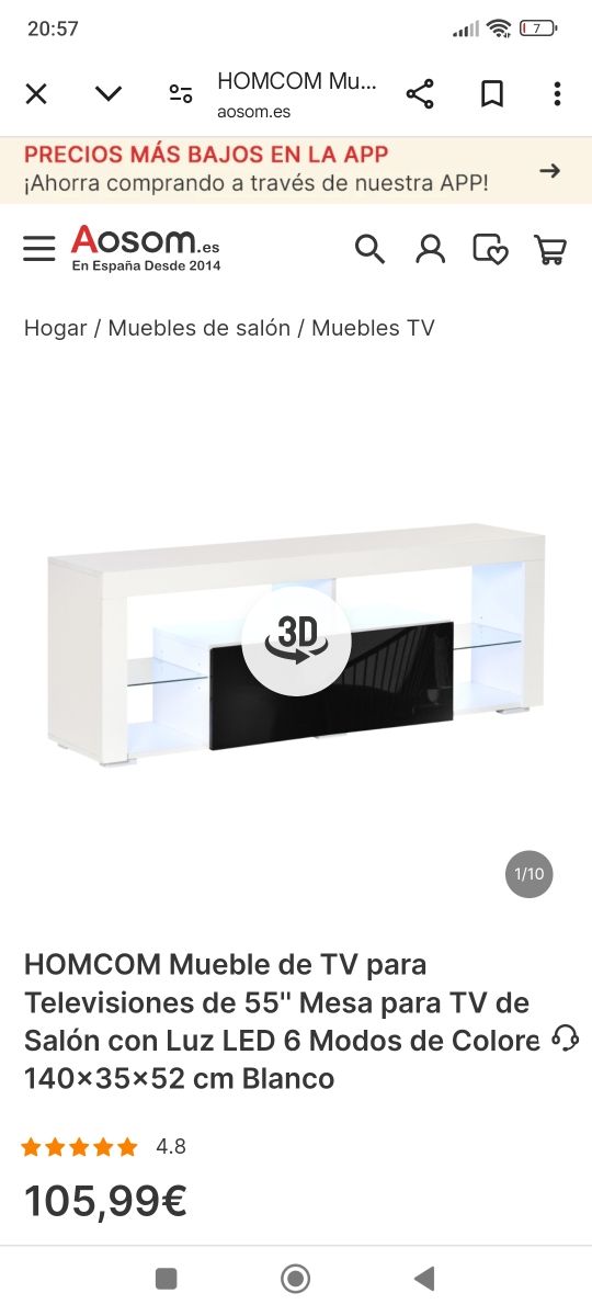 Mueble TV 140x35x52 Blanco/Negro