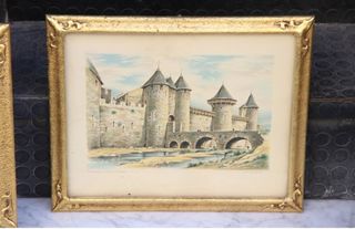 4 litografie raffiguranti Castello di Carcassonne