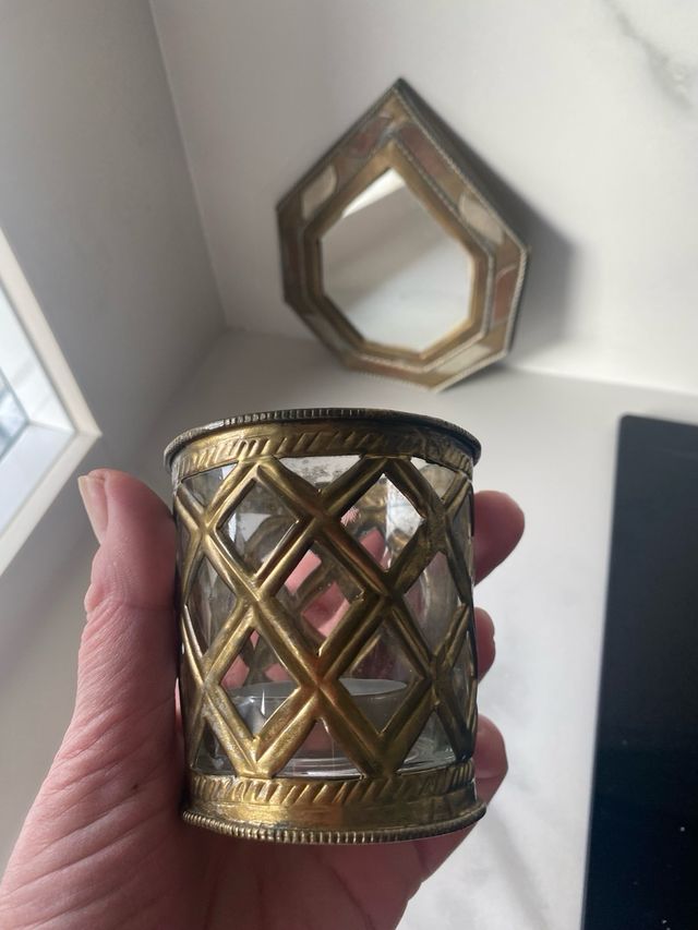 lote Espejo y portavelas laton vintage