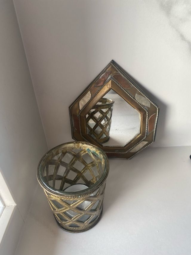 lote Espejo y portavelas laton vintage