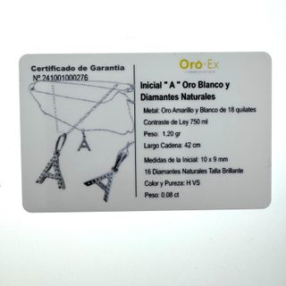 LETRA " A " ORO BLANCO 18 KT Y DIAMANTES + CADENA