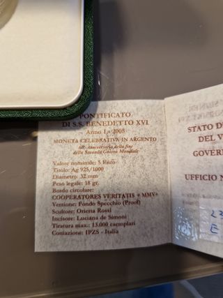 Moneta 5 Euro argento Vaticano 2005 guerra