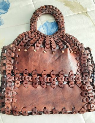 Bolso de mano de cuero auténtico marrón