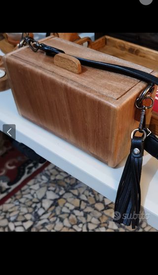 Borsa legno noce bauletto piccola tracolla borsett