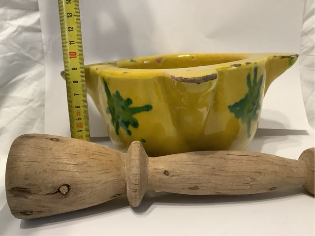 Antiguo Mortero ceramica Mano madera hecho 1925