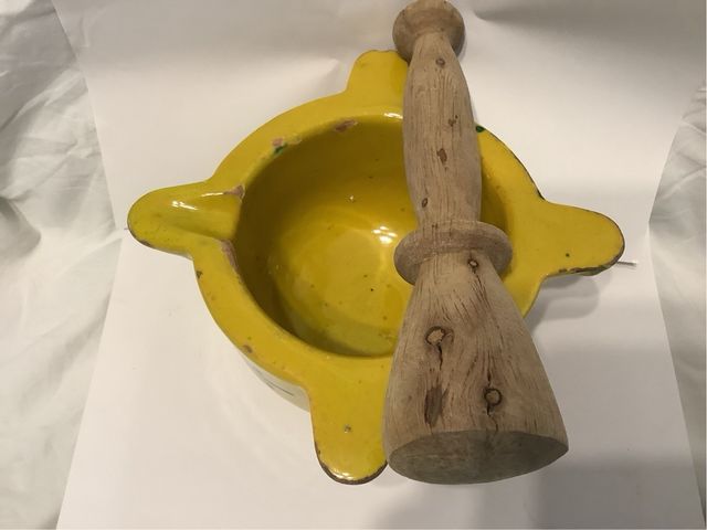 Antiguo Mortero ceramica Mano madera hecho 1925