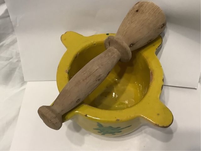 Antiguo Mortero ceramica Mano madera hecho 1925