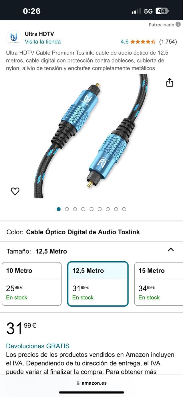 Cable optico digital 12,5M NUEVO