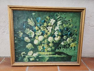 Cuadro antiguo jarrón y flores, reproduccion arell