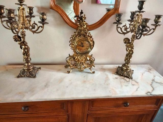 Set candeliere e orologio vintage in bronzo 