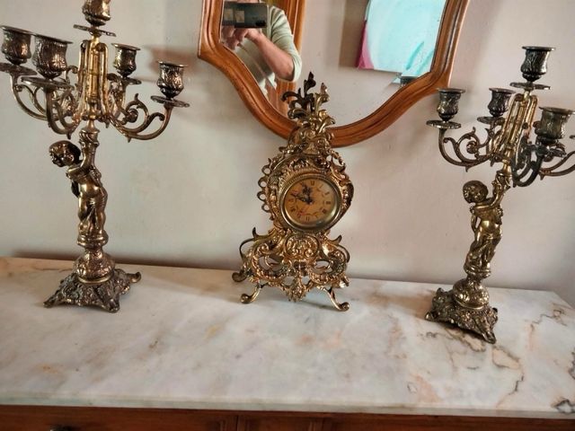 Set candeliere e orologio vintage in bronzo 