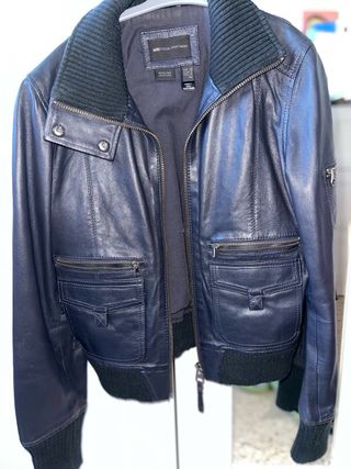 Cazadora piel azul oscuro Mango