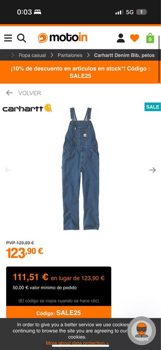 Peto Carhartt vaquero talla S unisex 
