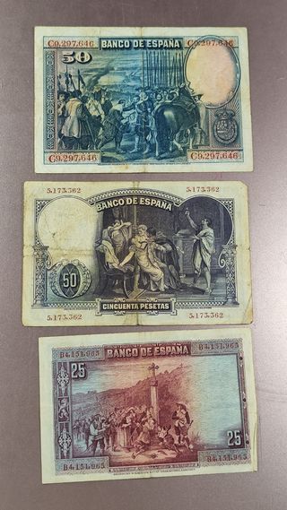 Lote 8 Billetes 5.000, 100, 50, 25, 10 y 5 Pesetas