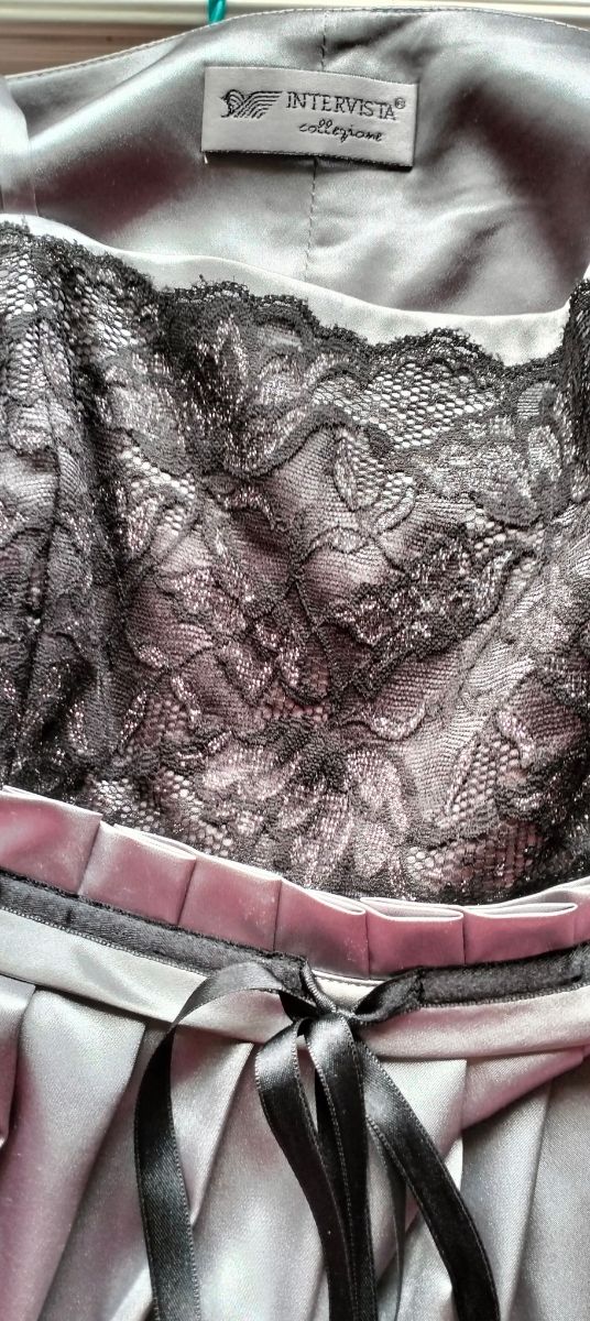 CONJUNTO VESTIDO BOLERO  Raso gris perla encaje