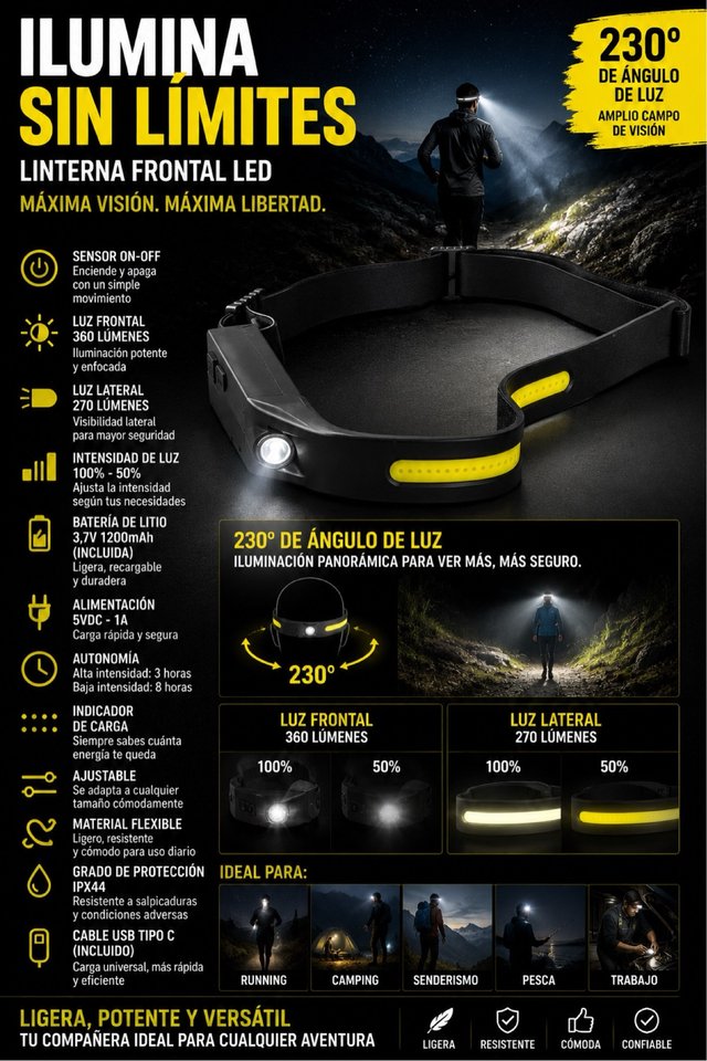 Linterna cabeza LED COB 5 W con sensor