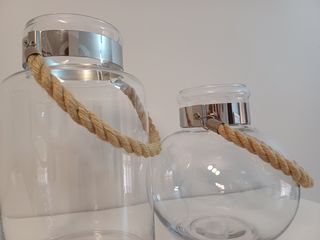 2 Faroles portavelas cristal, metal y cuerda