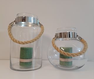 2 Faroles portavelas cristal, metal y cuerda