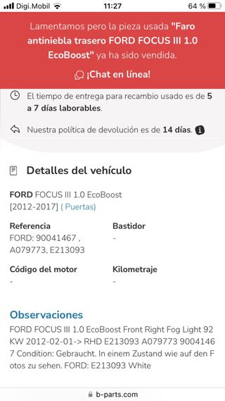 Antiniebla delantero derecho ford focus 3. 2012-17