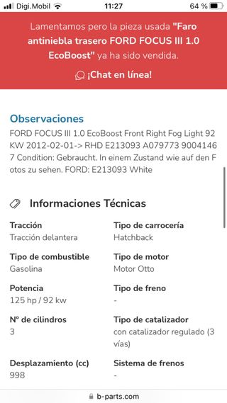 Antiniebla delantero derecho ford focus 3. 2012-17