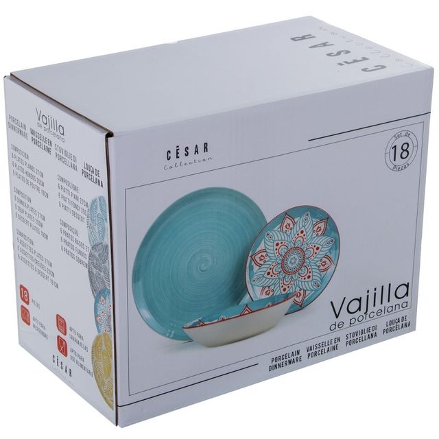 Vajilla 18 Pzs Porcelana Azul Mandala,