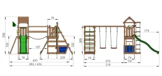 Parque infantil de madera con columpios, cuerda