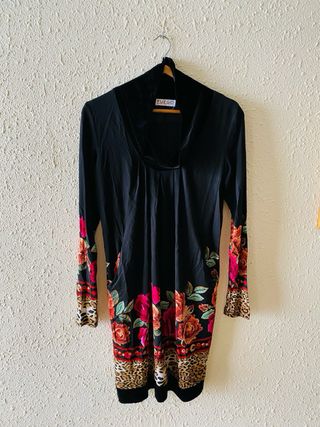 Vestido negro flores leopardo talla M Fuego Woman