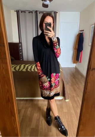 Vestido negro flores leopardo talla M Fuego Woman
