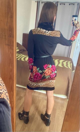 Vestido negro flores leopardo talla M Fuego Woman