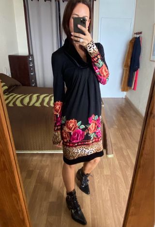 Vestido negro flores leopardo talla M Fuego Woman