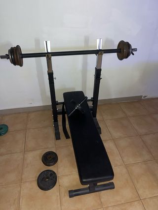 Banco de pesas plegable, barra y discos