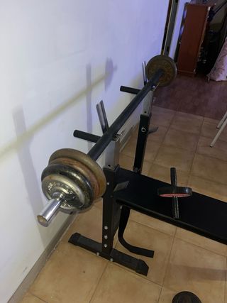 Banco de pesas plegable, barra y discos
