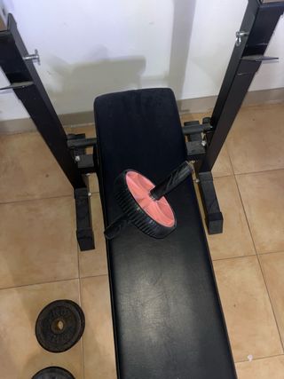 Banco de pesas plegable, barra y discos