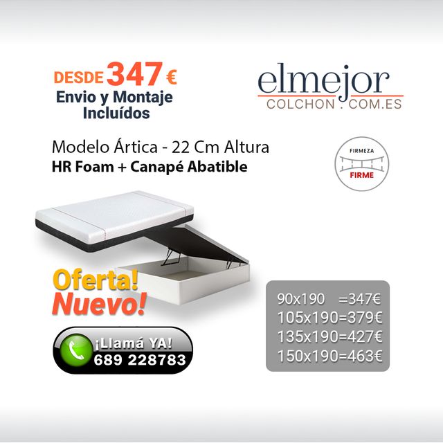 Colchón 22 cm alt HR foam +Canapé Abatible c Envío