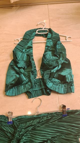 Set conjunto top y falda larga plisado volante eve