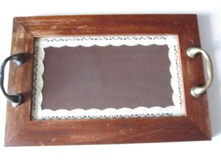 Vassoio antico in legno piano vetro decoro cucito